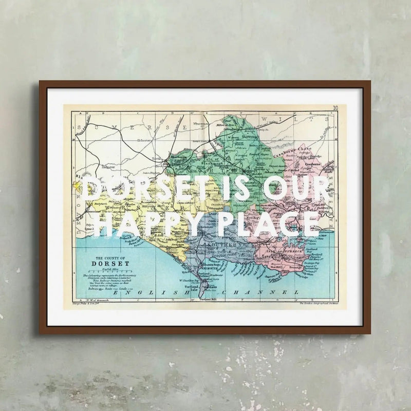 Dorset is our Happy Place (Dorset Map) Vintage Map Art - Framed - Beach House Art