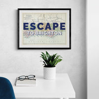 Escape to Brighton (Sussex Map) Vintage Map Art - Framed - Beach House Art