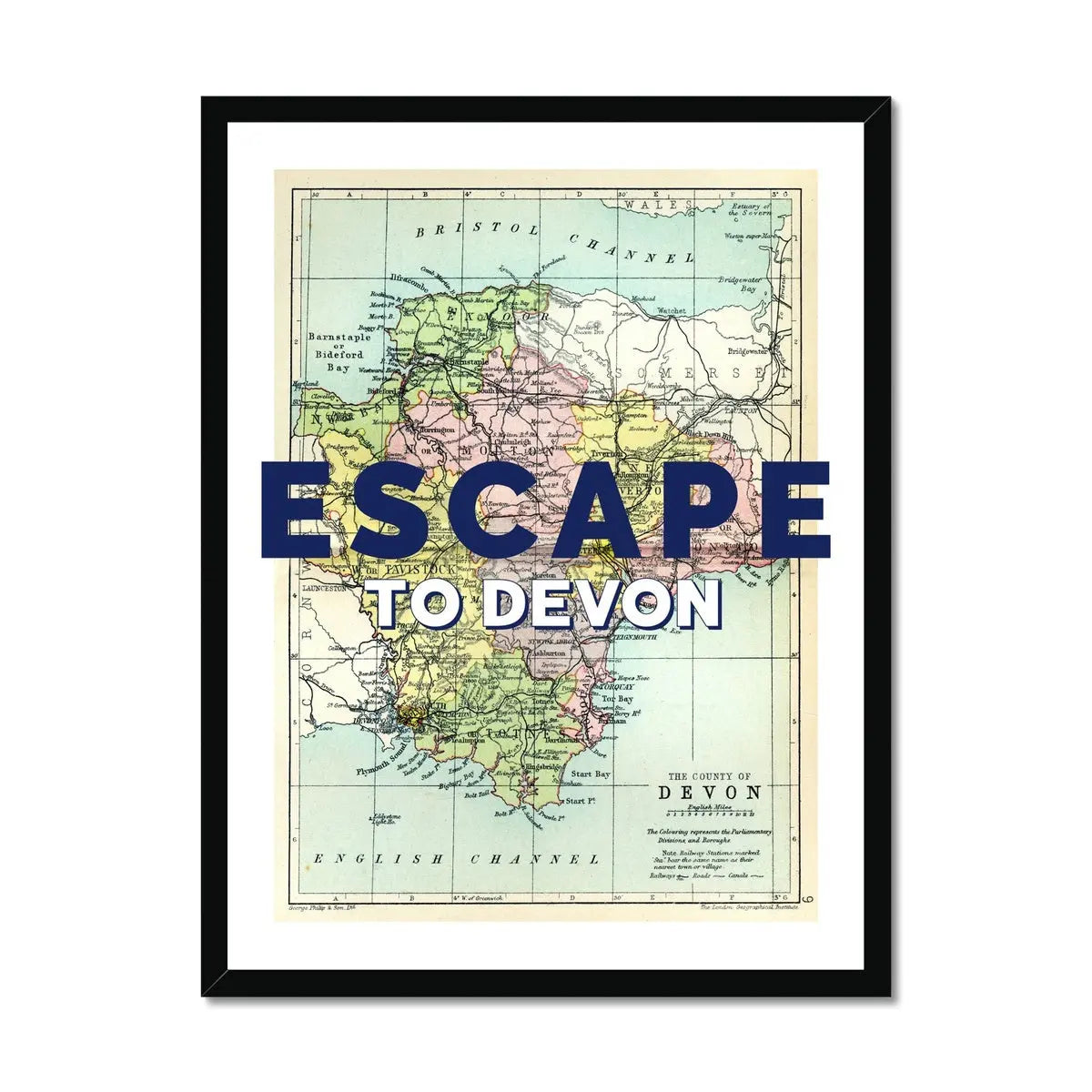 Escape to Devon (Devon Map) Vintage Map Art - Framed - Beach House Art