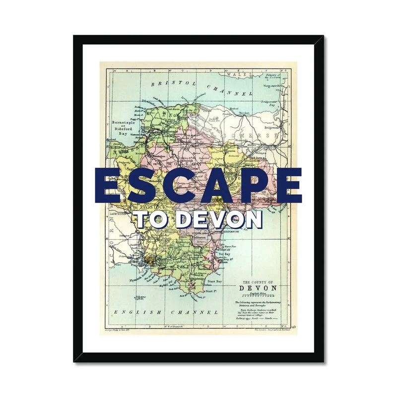 Escape to Devon (Devon Map) Vintage Map Art - Framed - Beach House Art