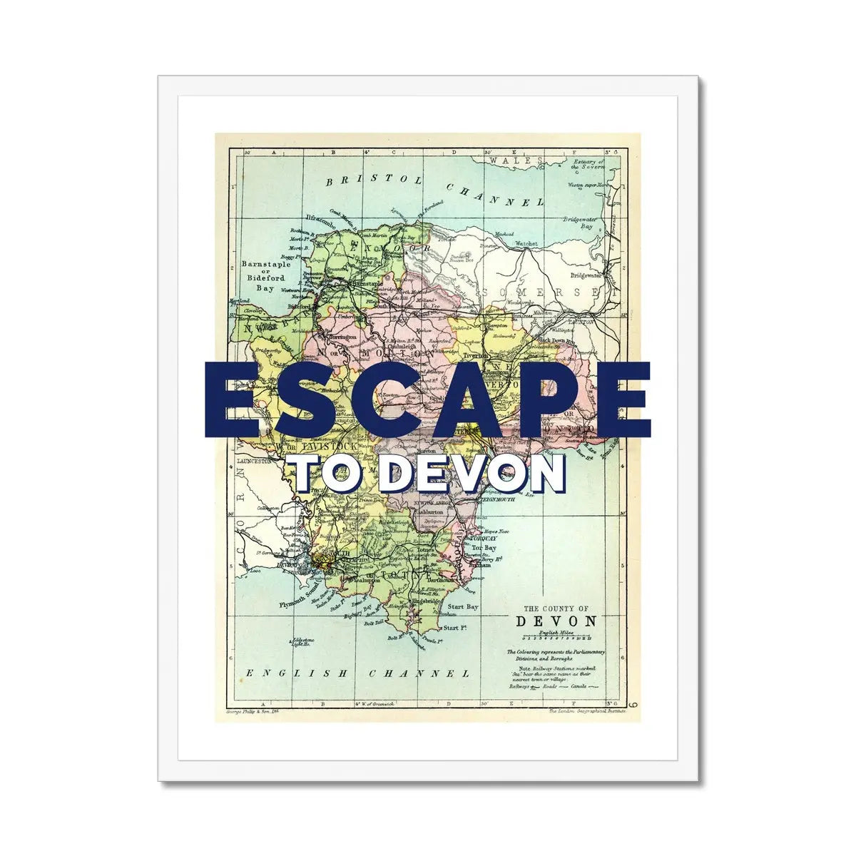 Escape to Devon (Devon Map) Vintage Map Art - Framed - Beach House Art
