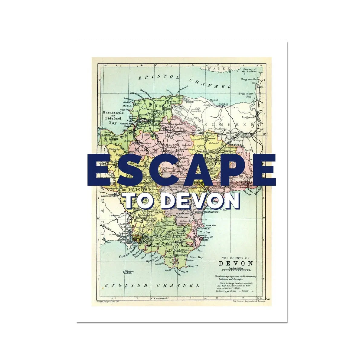 Escape to Devon (Devon Map) Vintage Map Art - Unframed - Beach House Art