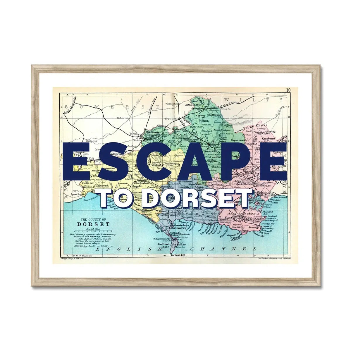 Escape to Dorset (Dorset Map) Vintage Map Art - Framed - Beach House Art