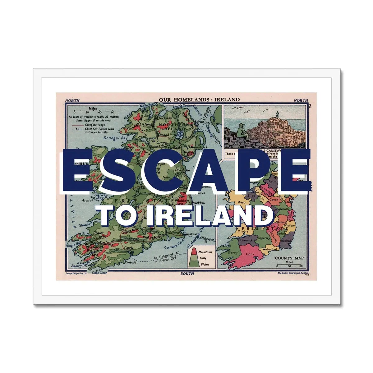 Escape to Ireland (Ireland Map) Vintage Map Art - Framed - Beach House Art