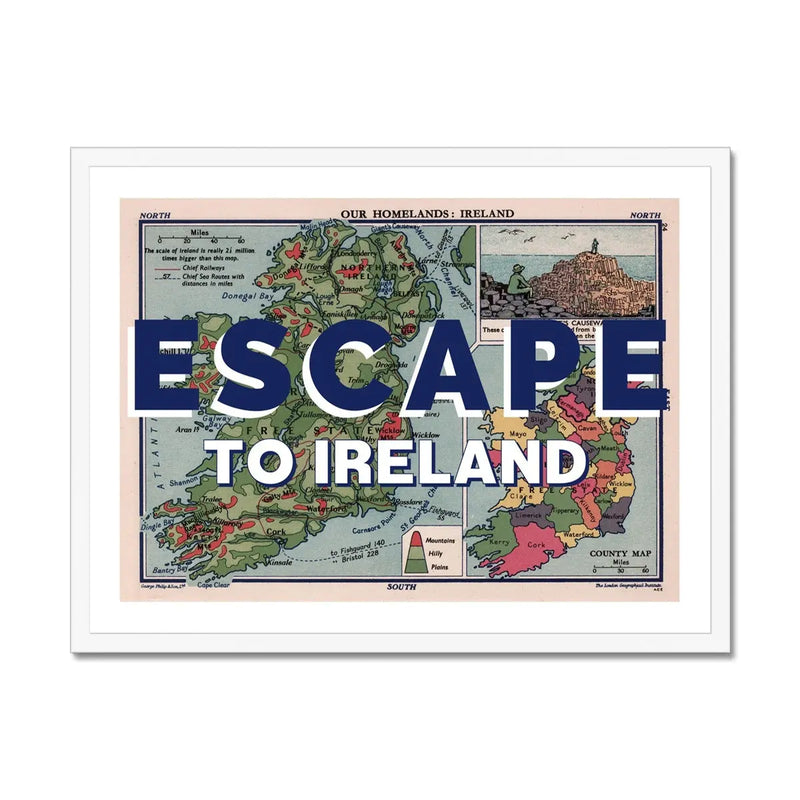 Escape to Ireland (Ireland Map) Vintage Map Art - Framed - Beach House Art