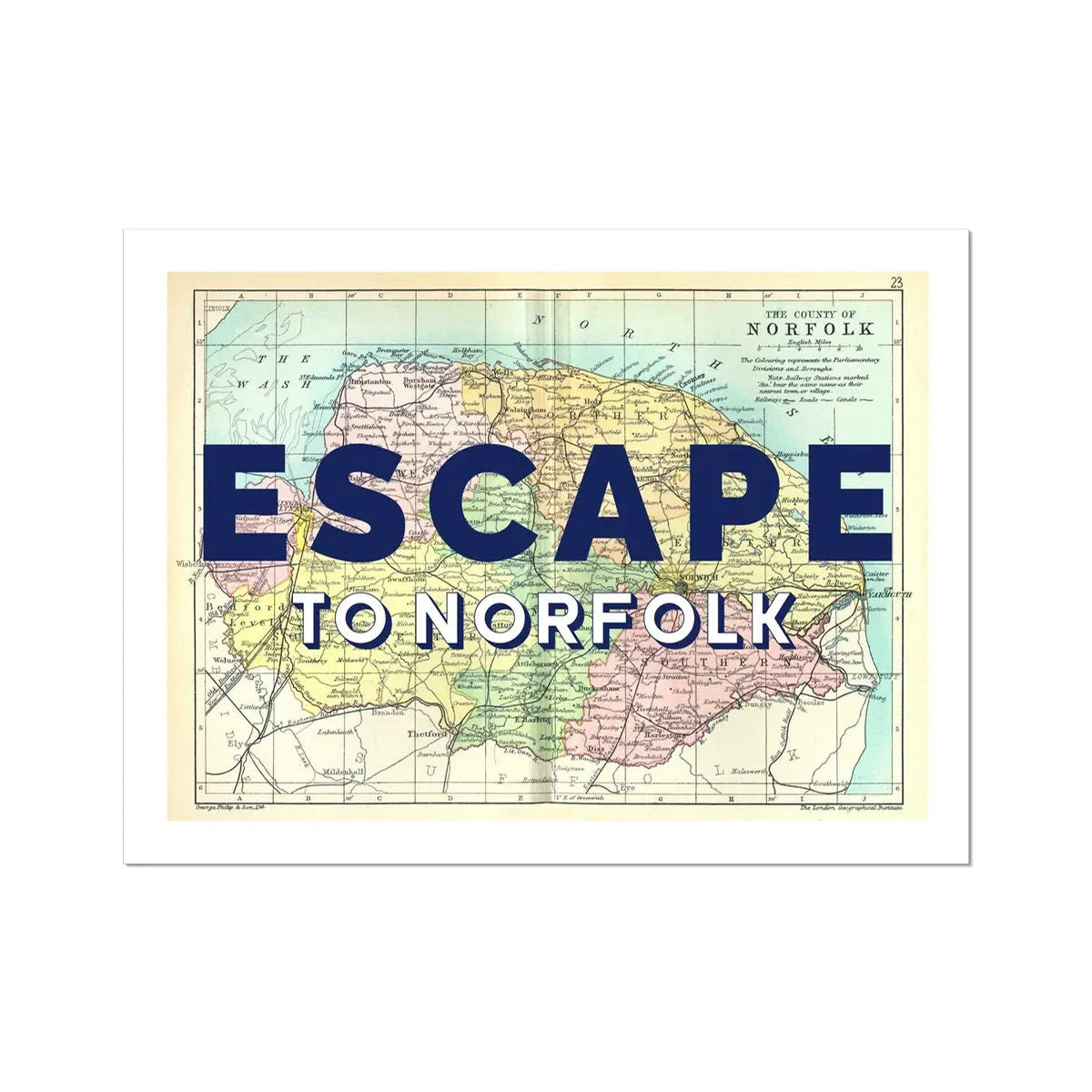 Escape to Norfolk (Norfolk Map) Vintage Map Art - Unframed - Beach House Art