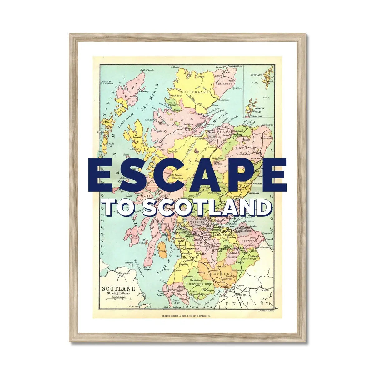 Escape to Scotland (Scotland Map) Vintage Map Art - Framed - Beach House Art