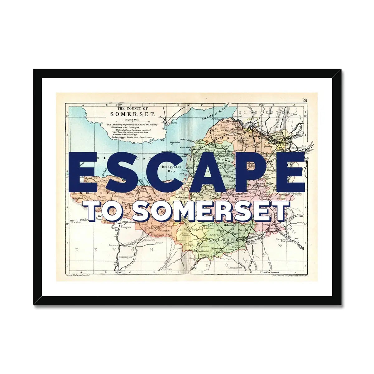 Escape to Somerset (Somerset Map) Vintage Map Art - Framed - Beach House Art