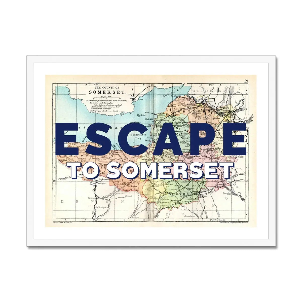 Escape to Somerset (Somerset Map) Vintage Map Art - Framed - Beach House Art