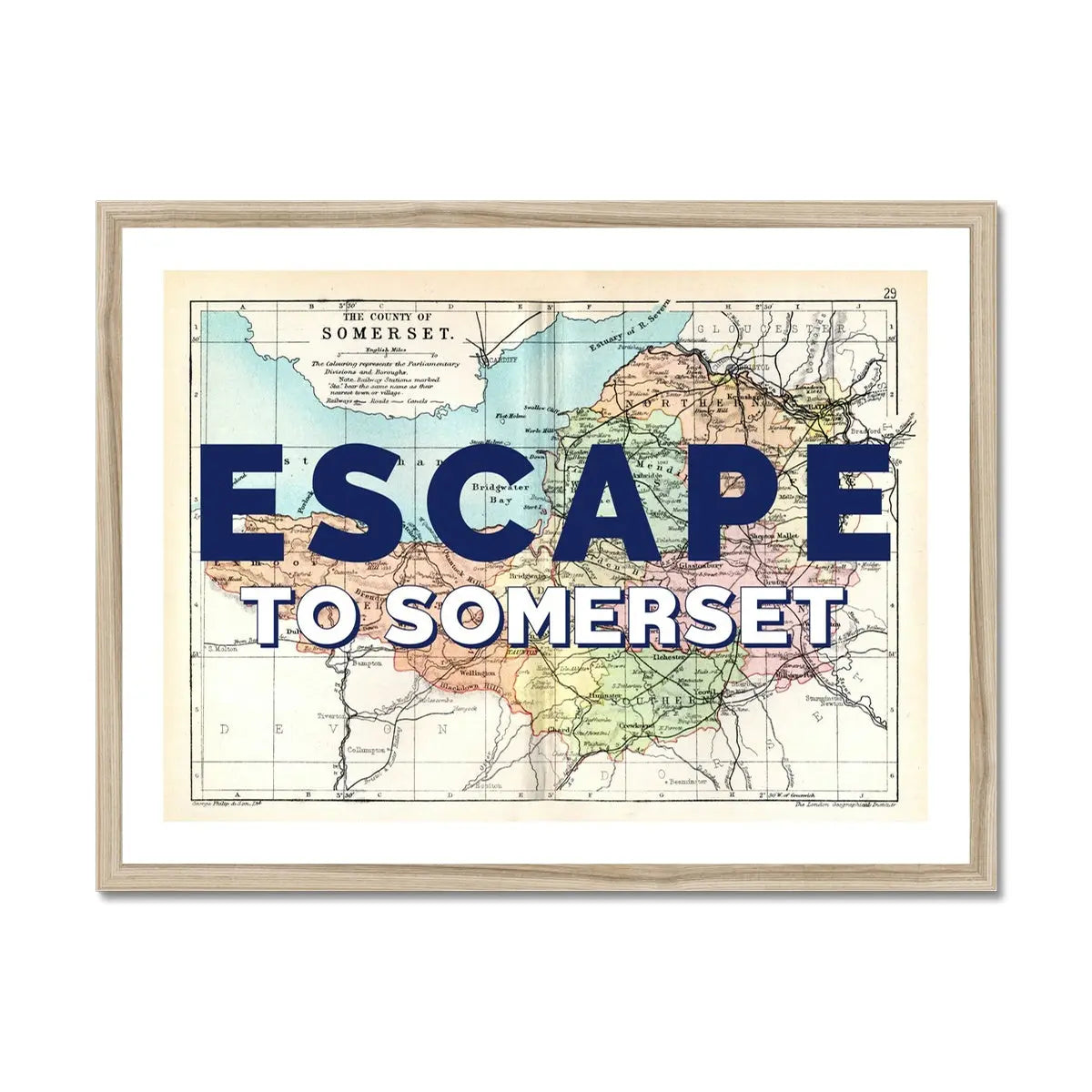 Escape to Somerset (Somerset Map) Vintage Map Art - Framed - Beach House Art