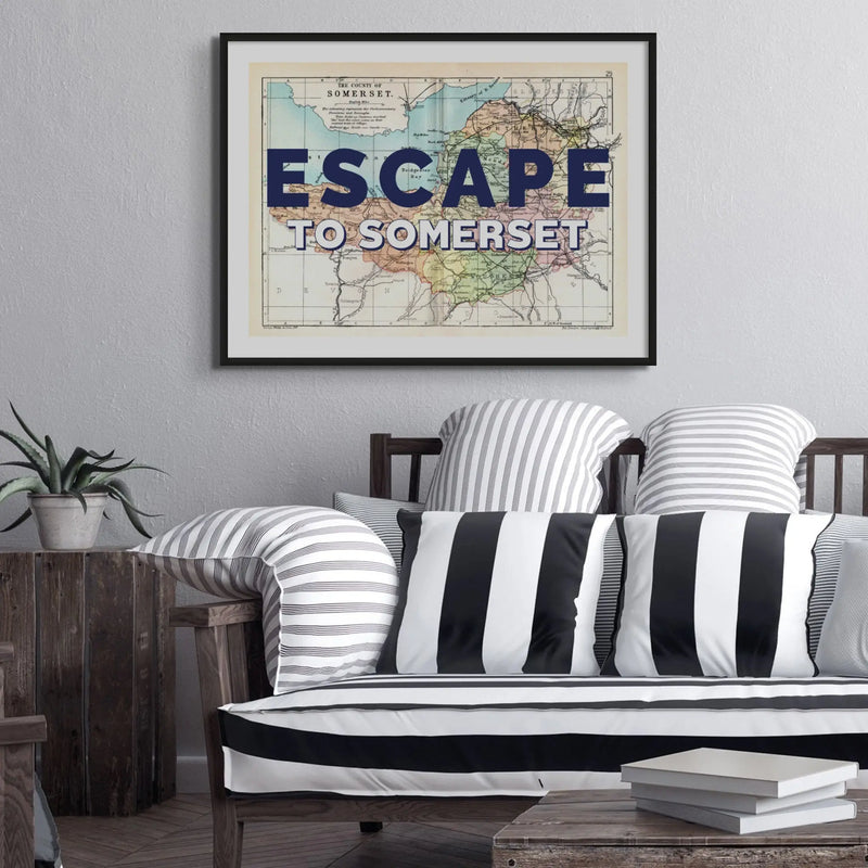 Escape to Somerset (Somerset Map) Vintage Map Art - Framed - Beach House Art