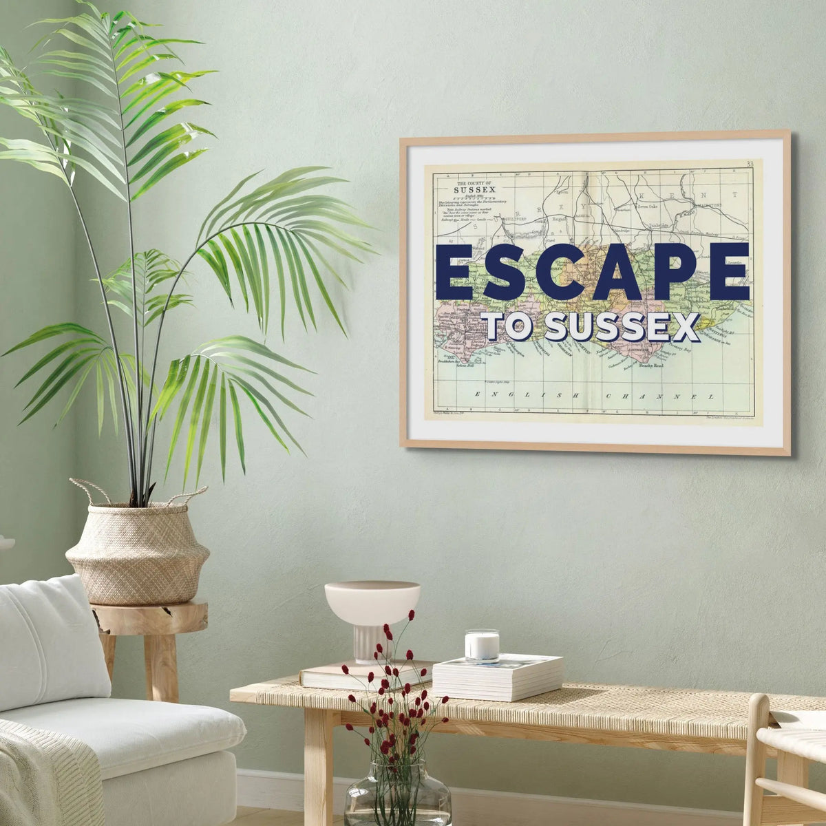 Escape to Sussex (Sussex Map) Vintage Map Art - Framed - Beach House Art