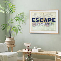 Escape to Sussex (Sussex Map) Vintage Map Art - Framed - Beach House Art