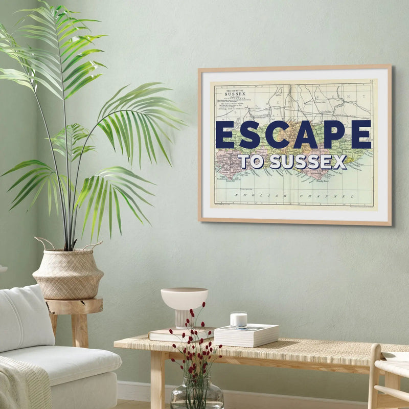 Escape to Sussex (Sussex Map) Vintage Map Art - Framed - Beach House Art