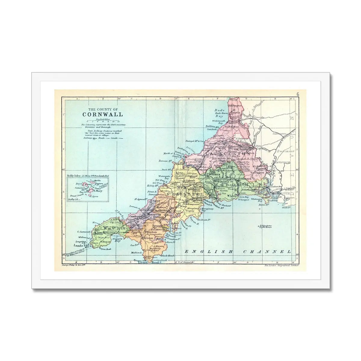 Framed Map print of Cornwall | Colourful Vintage map of Cornwall - Framed Wall Art