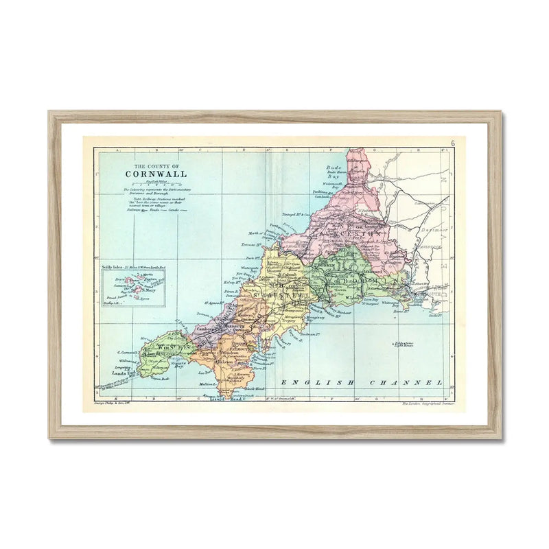 Framed Map print of Cornwall | Colourful Vintage map of Cornwall - Framed Wall Art