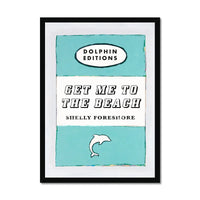 framed print of a vintage book cover art titled "Get Me to the Beach" in aqua blue