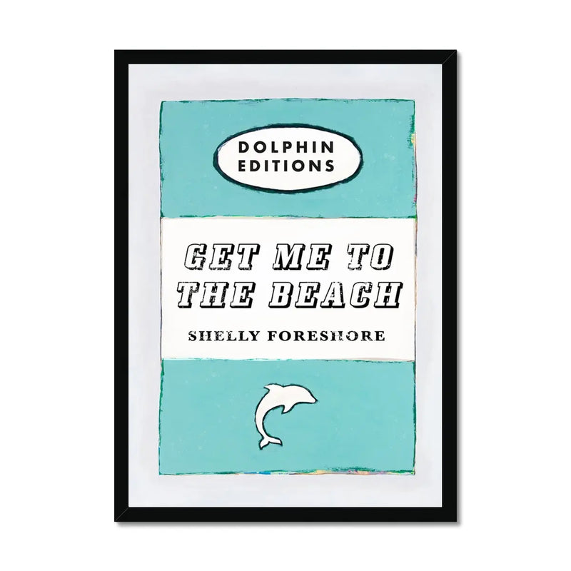 framed print of a vintage book cover art titled "Get Me to the Beach" in aqua blue
