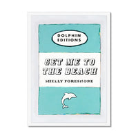 framed print of a vintage book cover art titled "Get Me to the Beach" in aqua blue