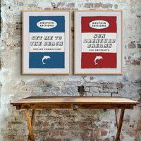 framed print of the vintage book cover art "Get Me to the Beach" in Navy.
