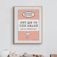 Vintage Book Cover Art Print titled "Get Me to the Beach" in peach colour and framed.