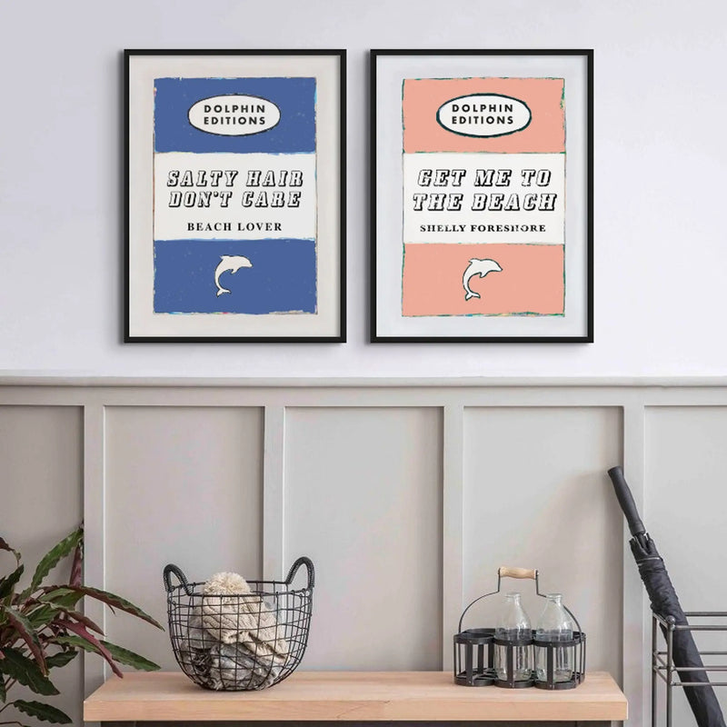 Vintage Book Cover Art Print titled "Get Me to the Beach" in peach colour and framed.