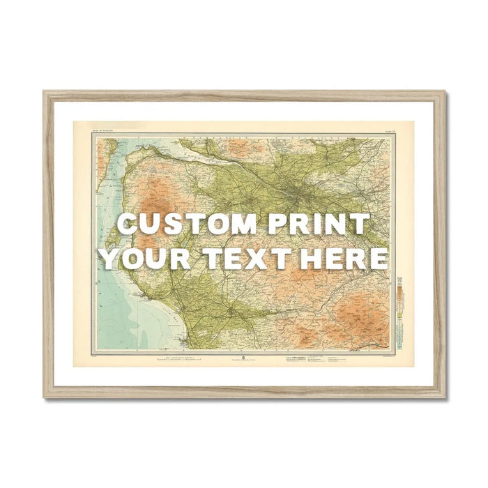 A framed map print of Glasgow with a white hand-drawn font, labeled 'CUSTOM PRINT YOUR TEXT HERE', on a textured background.