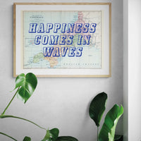 Happiness Comes In Waves Art Print | Cornwall Map Typography Print | Vintage Map Art - Unframed Wall Art