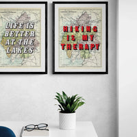 Hiking Is My Therapy (Lake District Map) Vintage Map Art - Framed - Beach House Art