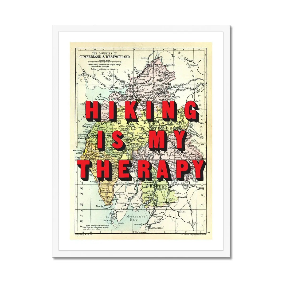Hiking Is My Therapy (Lake District Map) Vintage Map Art - Framed - Beach House Art
