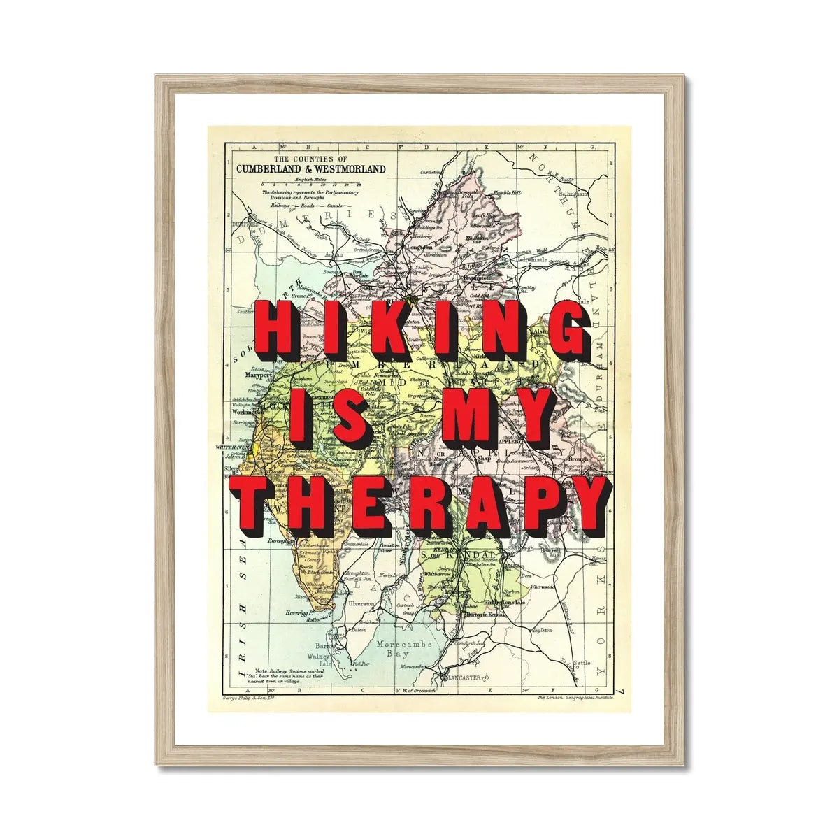 Hiking Is My Therapy (Lake District Map) Vintage Map Art - Framed - Beach House Art