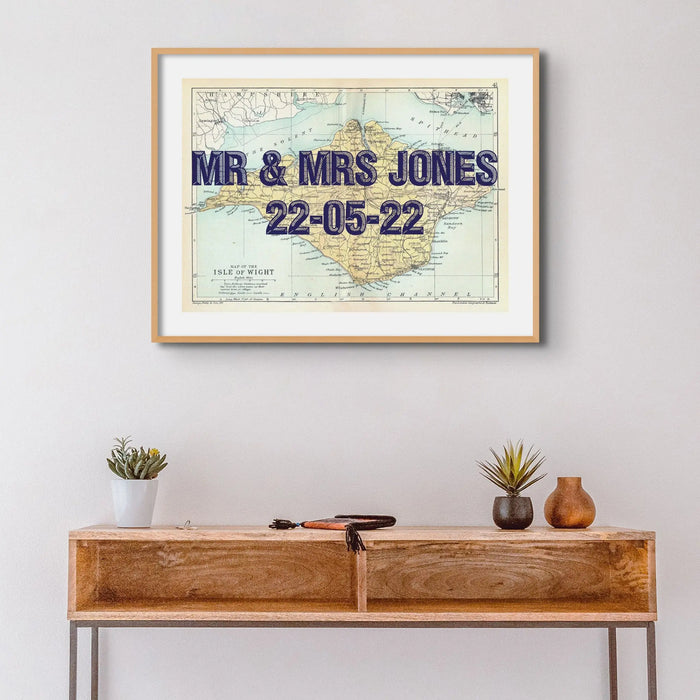 Framed personalised vintage map art print of the Isle of Wight with navy font - Framed wall art