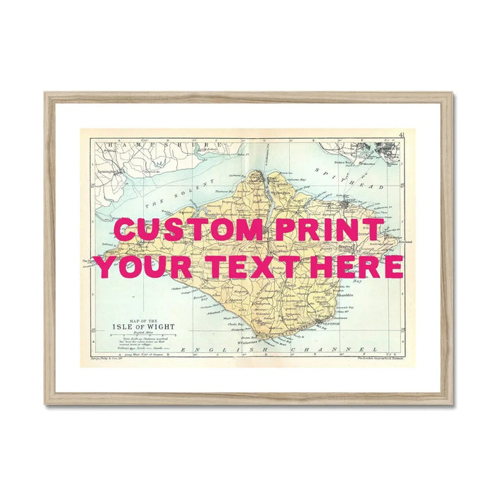 Isle of Wight Vintage Map Personalised Art Print in pink font - Framed Wall. Art