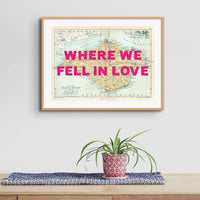 Isle of Wight Vintage Map Personalised Art Print in pink font - Framed Wall. Art