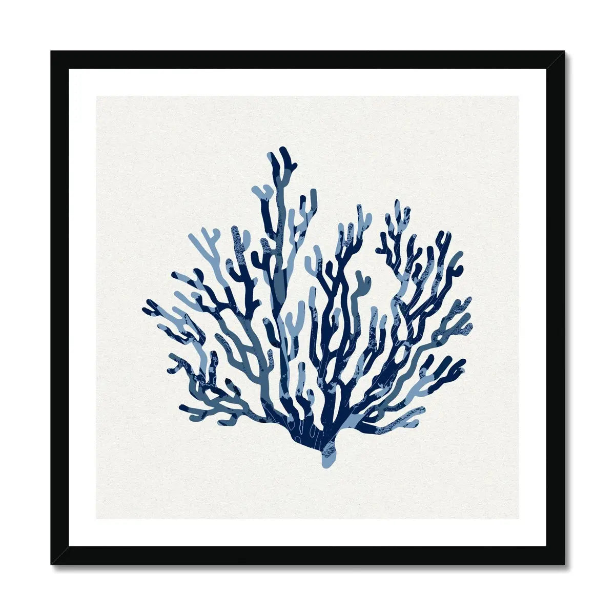 This artwork features a lovely indigo shell art print, beautifully framed for display on any wall