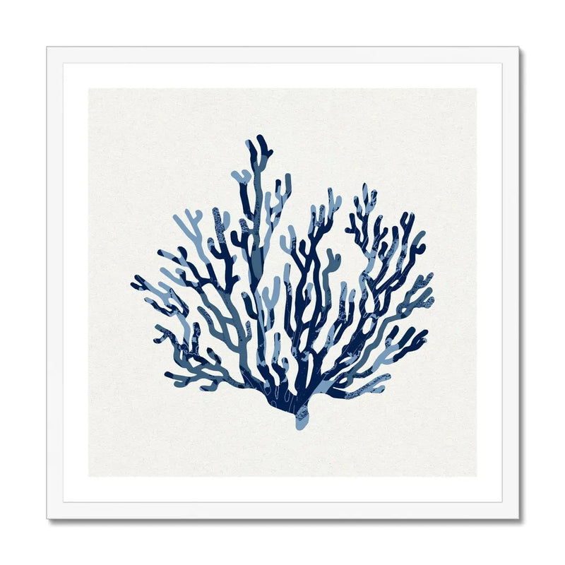 This artwork features a lovely indigo shell art print, beautifully framed for display on any wall