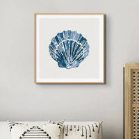 Scallop Shell Art Print, featuring stunning watercolour shell art painting. This beautiful piece is elegantly framed in a natural wood frame to enhance its aesthetic appeal. Perfect for adding a touch of coastal charm to any space.