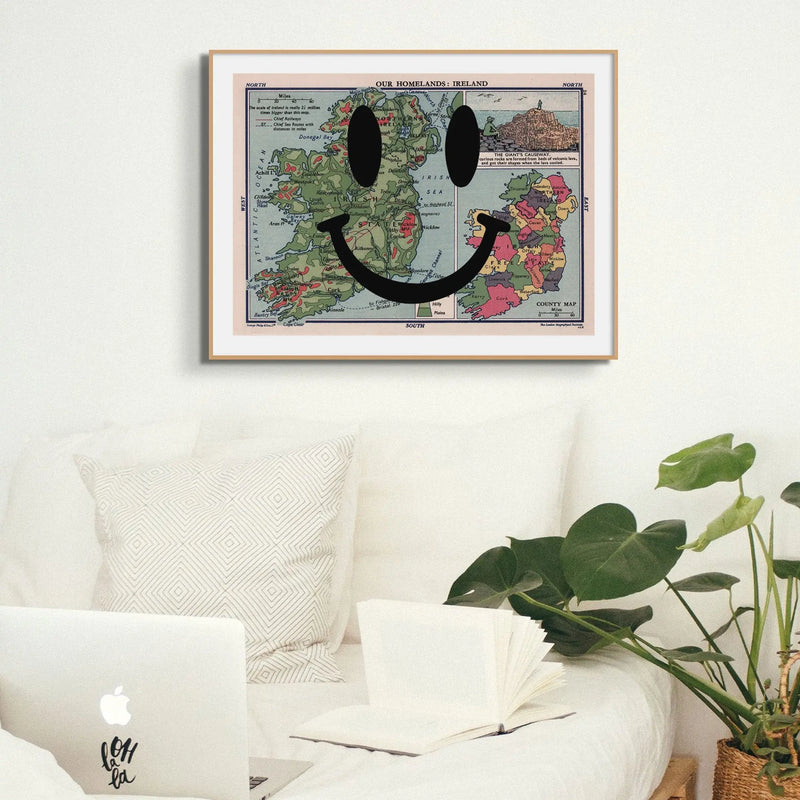 Ireland Makes Me Happy (Ireland Map) Vintage Map Art - Framed - Beach House Art