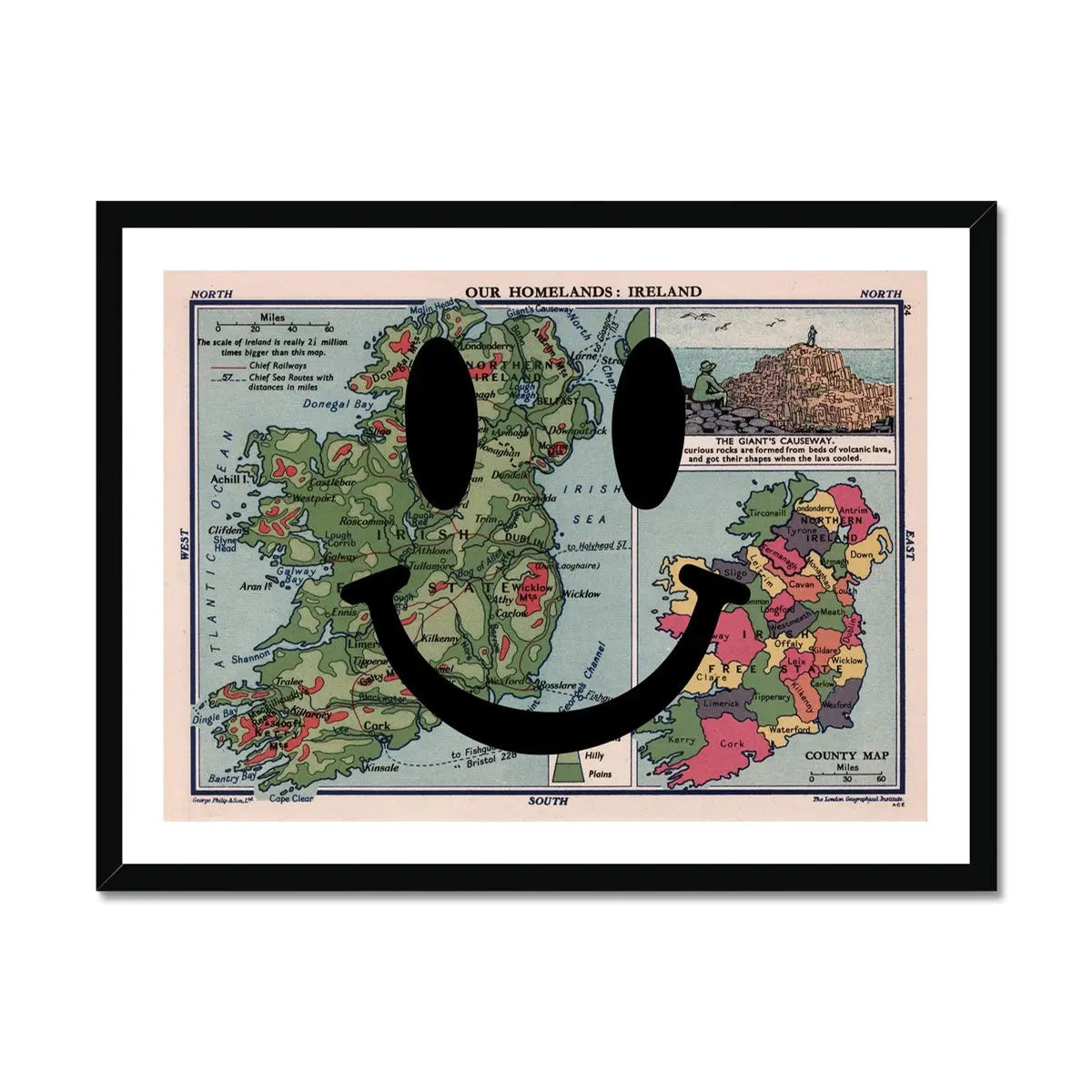 Ireland Makes Me Happy (Ireland Map) Vintage Map Art - Framed - Beach House Art
