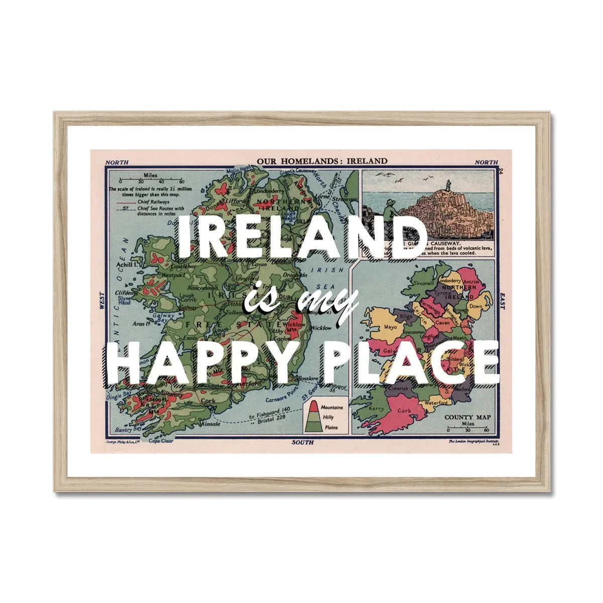 Ireland is my Happy Place (Ireland Map) Vintage Map Art - Framed - Beach House Art