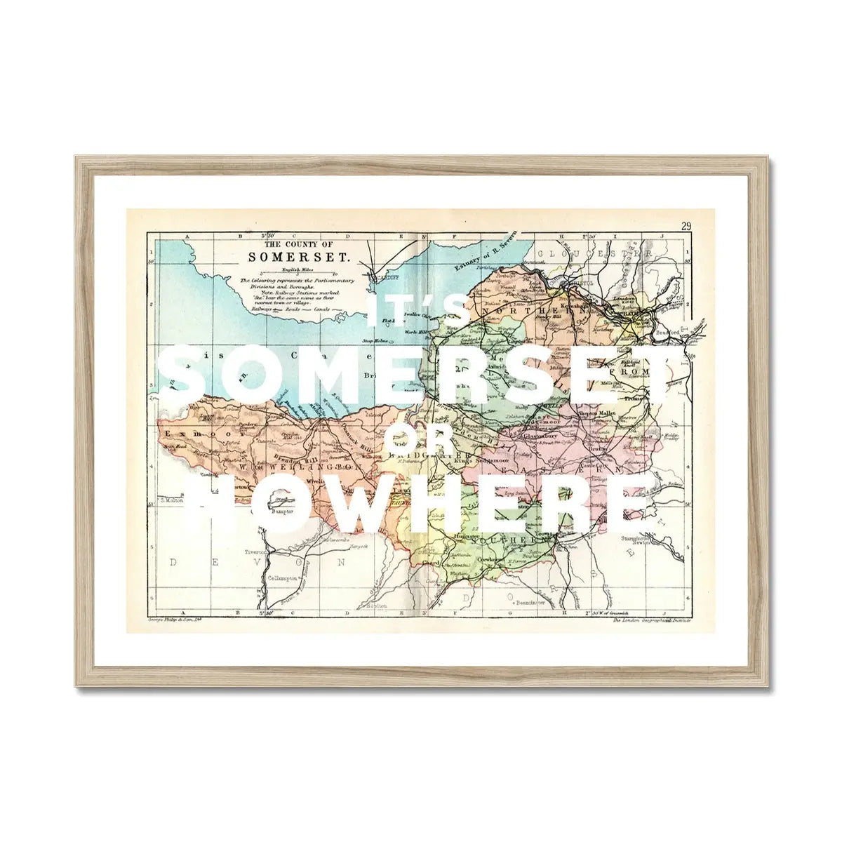 It's Somerset or Nowhere (Somerset Map) Vintage Map Art - Framed - Beach House Art