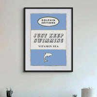 Vintage book cover art print that features "Just Keep Swimming" in cornish blue - available framed