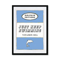 Vintage book cover art print that features "Just Keep Swimming" in cornish blue - available framed
