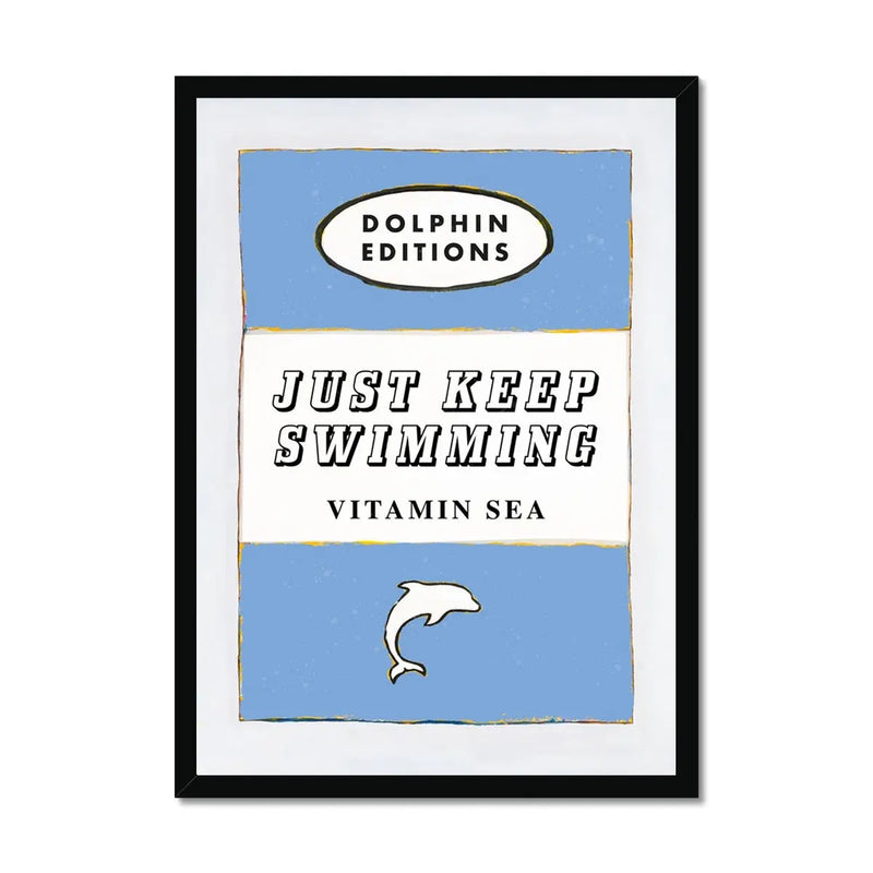 Vintage book cover art print that features "Just Keep Swimming" in cornish blue - available framed