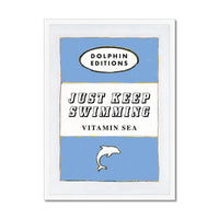 Vintage book cover art print that features "Just Keep Swimming" in cornish blue - available framed
