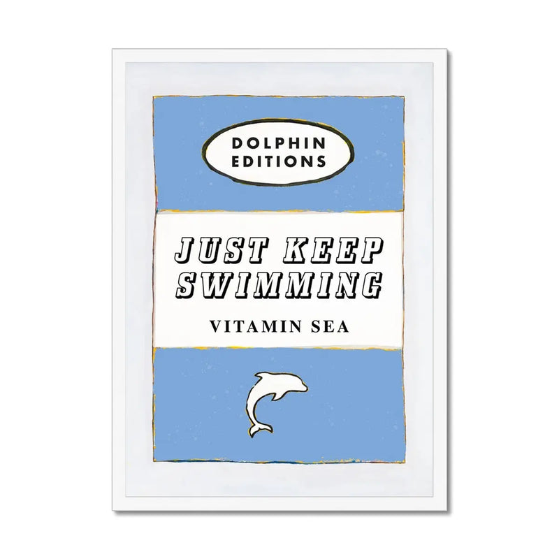 Vintage book cover art print that features "Just Keep Swimming" in cornish blue - available framed