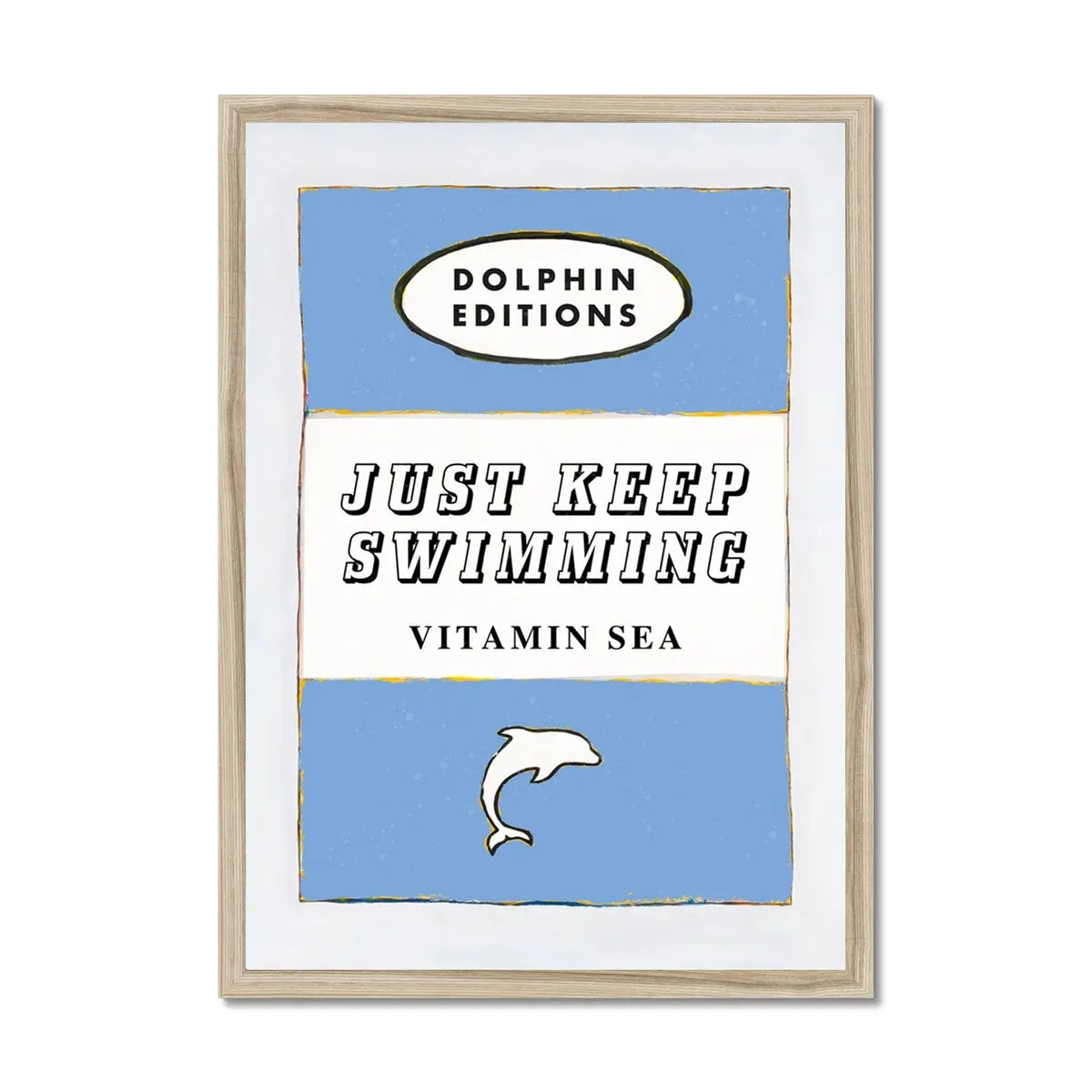Vintage book cover art print that features "Just Keep Swimming" in cornish blue - available framed