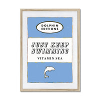 Vintage book cover art print that features "Just Keep Swimming" in cornish blue - available framed
