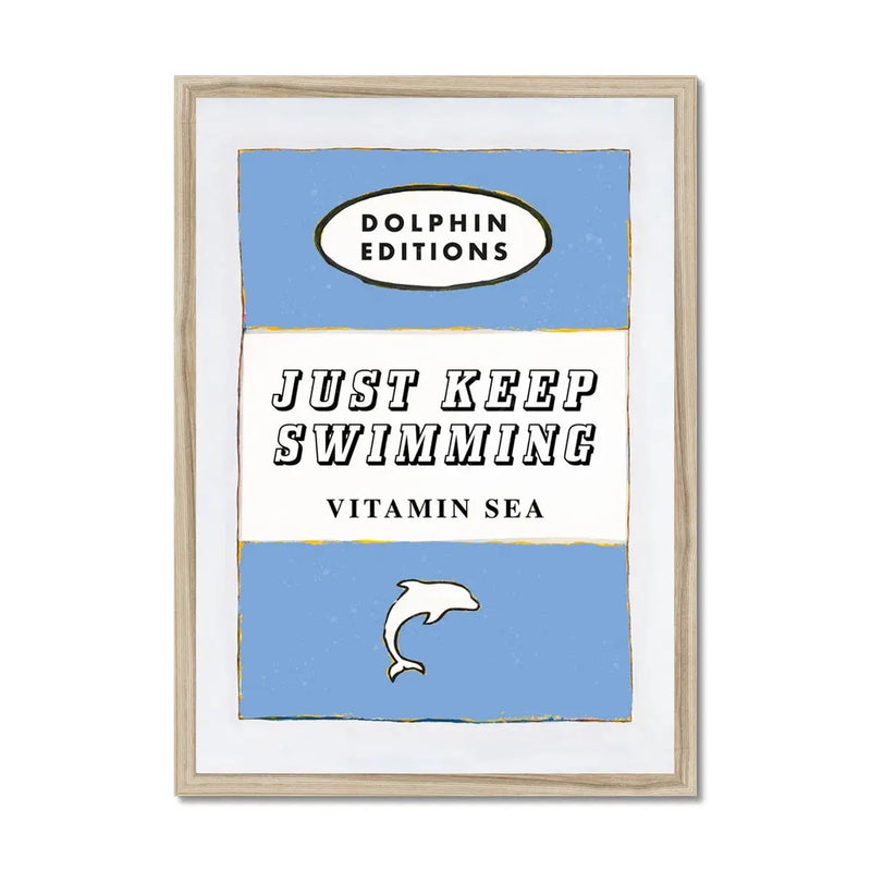 Vintage book cover art print that features "Just Keep Swimming" in cornish blue - available framed