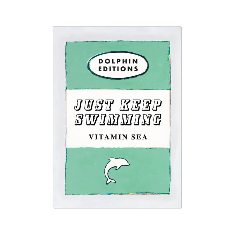a print for all the cold water swimmers, this is a book cover poster in sage green with just keep swimming in typography in bold lettering